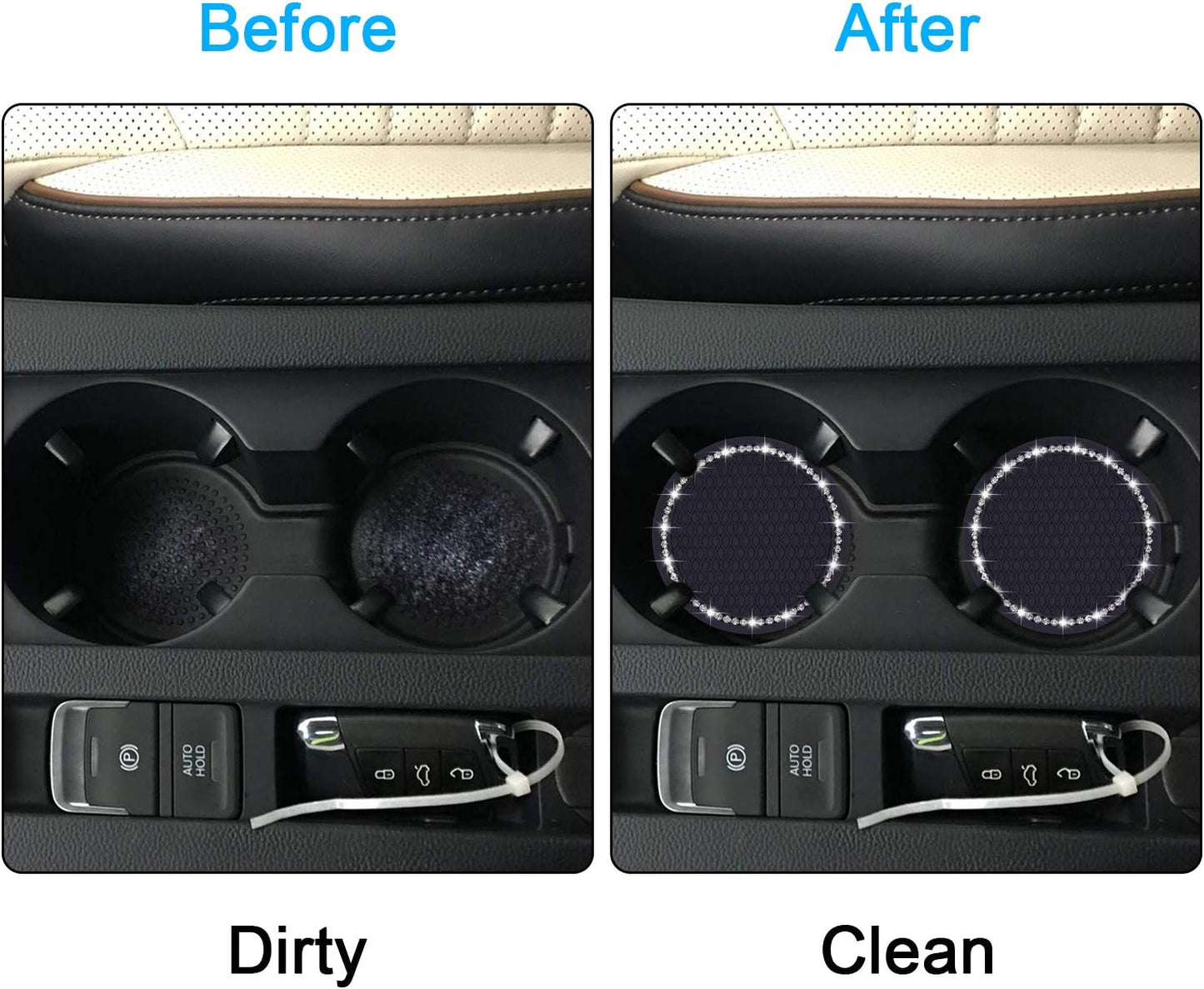 Bling Car Coasters,  2 Pack PVC Car Cup Holder Insert Coaster - anti Slip Universal Vehicle Interior Accessories Crystal Glitter Cup Mats for Women and Men(2.75" Diameter, Black)