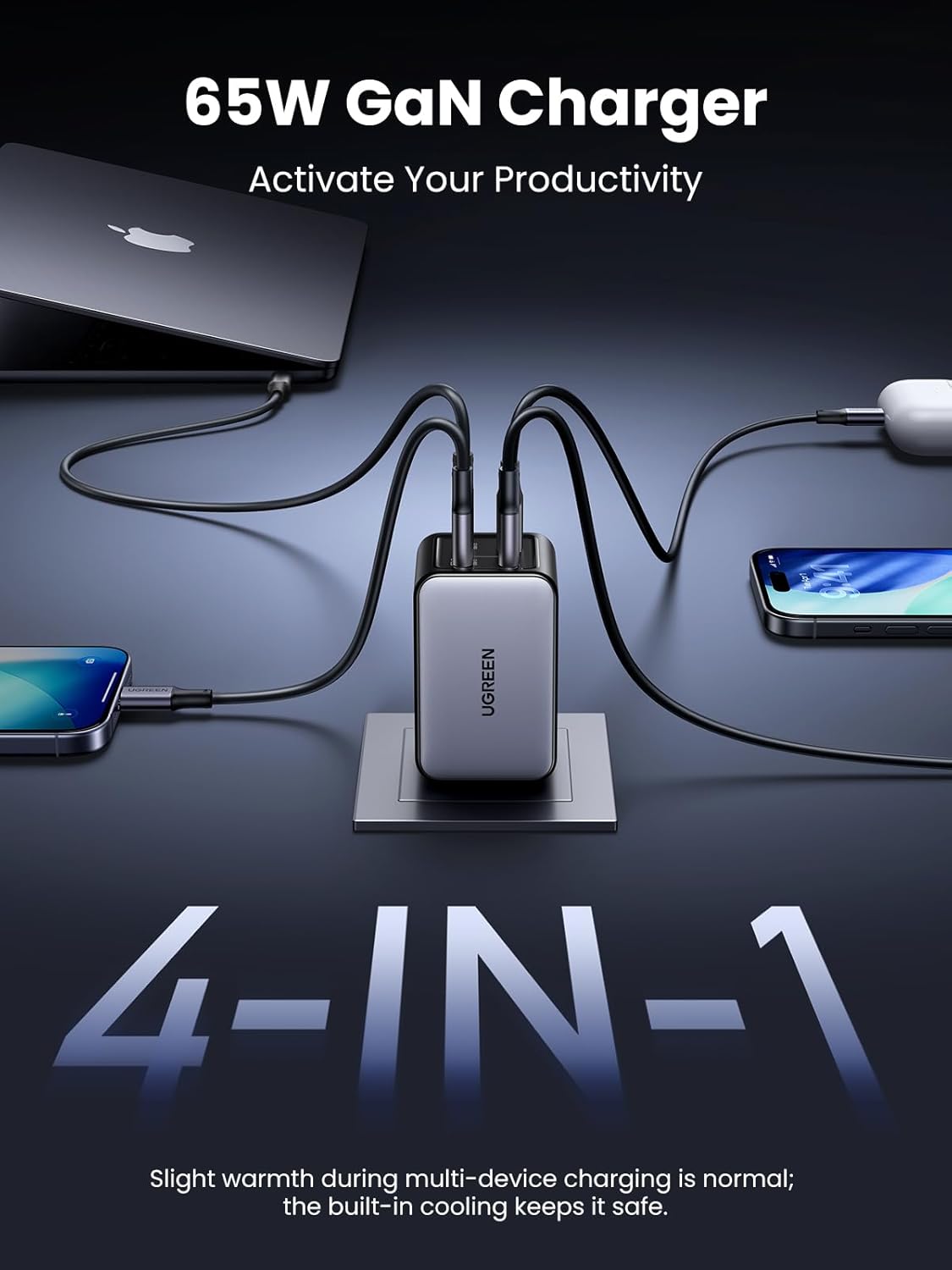 UGREEN Nexode 65W GaN USB C Wall Charger, 4-Port Fast Type-C Charger Compatible with MacBook Pro/Air, iPhone 17/16/15 Series, Galaxy S25/S24, Pixel 10/9, iPad Pro, Steam Deck