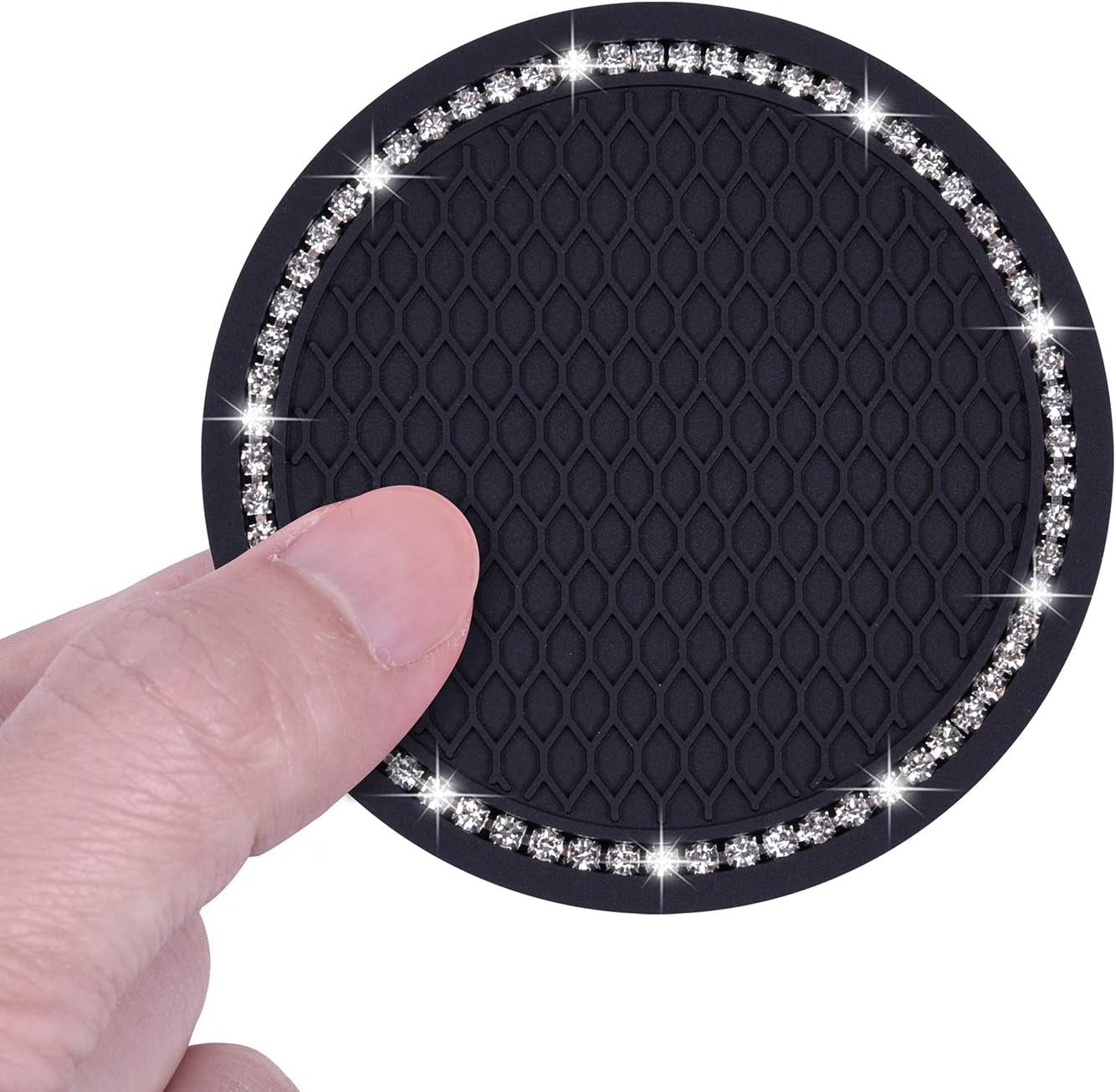 Bling Car Coasters,  2 Pack PVC Car Cup Holder Insert Coaster - anti Slip Universal Vehicle Interior Accessories Crystal Glitter Cup Mats for Women and Men(2.75" Diameter, Black)
