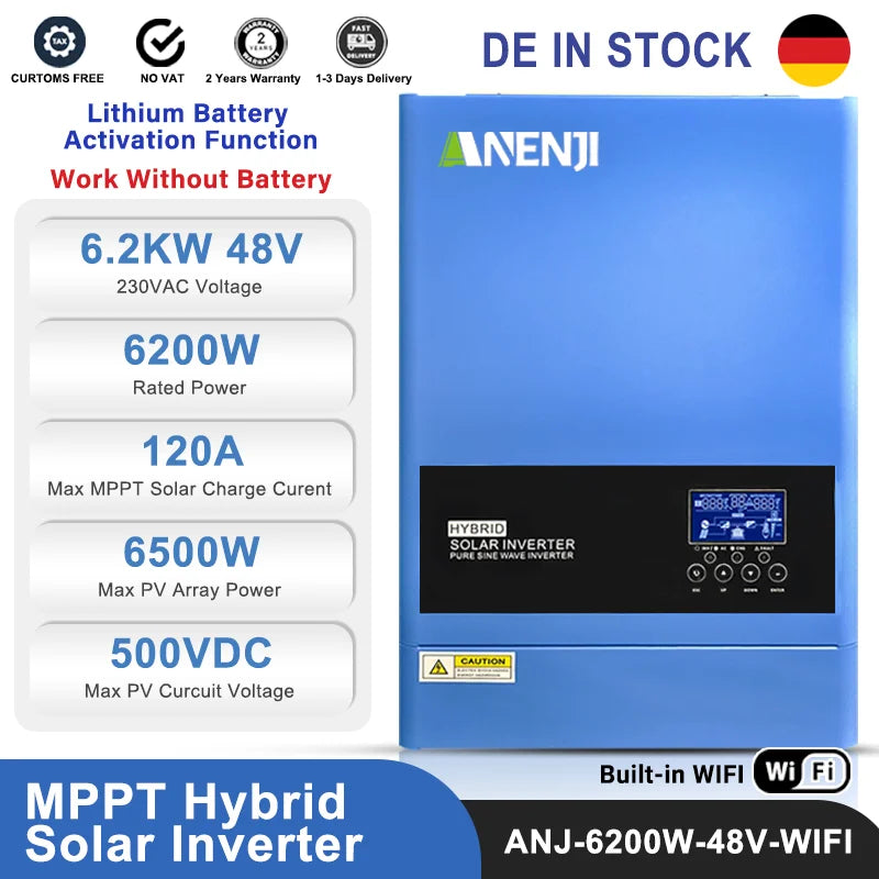 ANENJI Hybrid Solar Inverter 6.2KW Pure Sine Wave MPPT WiFi